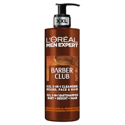 Imagen de L&#039;Oréal Men Expert Champú para hombres en pack XXL, barba, cara y cabello, calmante nutritivo gracias al aceite de madera cedro, Barber Club, cuidado la barba