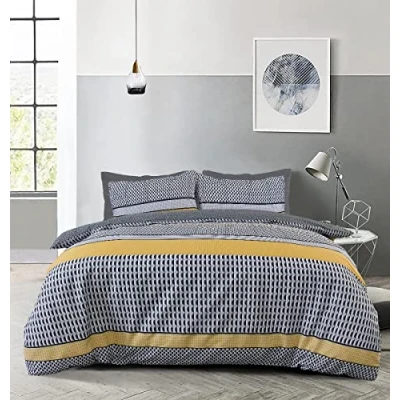 Imagen de Sleepdown Juego de Funda edredón Reversible con diseño Rayas Geo, Color Negro y Gris Ocre, Suave, fácil Cuidado, Individual (135 x 200 cm)