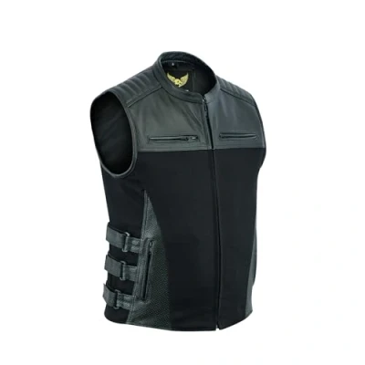 Imagen de Leatherick Chaleco para hombre estilo táctico Warrior, de tela vaquera y piel búfalo plena flor, con bolsillos pistola paneles perforados