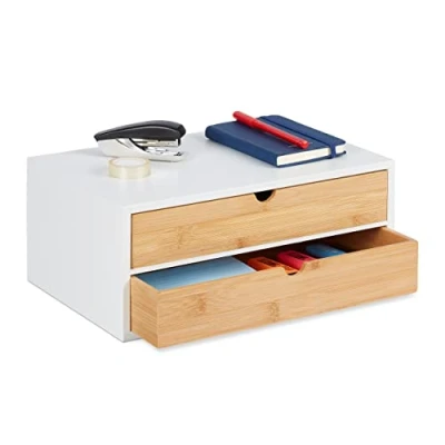 Imagen de Relaxdays Organizador Escritorio, 2 Cajones, Bambú y MDF, 14,5 x 25 20 cm, Almacenamiento Oficina, Natural Blanco, Tablero de Fibras