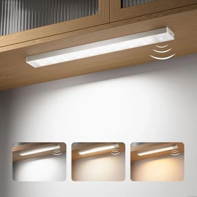 Imagen de OUILA Luz LED Armario con Sensor de Movimiento, 23CM Regulable Adhesiva 3 Color Modos, 1000 mAh USB Recargable Nocturna para Cocina, Armario, Escaleras, Pasillo, Garaje 2 Piezas