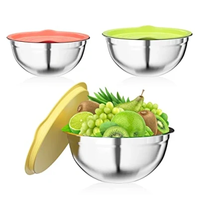 Imagen de Newpop 3 piezas Cuencos para mezclar, ensaladera de acero inoxidable con colores tapa hermética, 2.5L/2L/1.4L bol cocina son apilables y aptos lavavajillas, boles Ahorra Espacio, plata