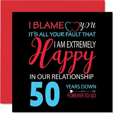 Imagen de Divertida Tarjeta de aniversario dorada para marido y esposa Your Fault I&#039;m Extremely Happy felicitación 50 boda pareja, tarjetas mm x 145