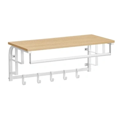 Imagen de VASAGLE Perchero de Pared, Colgante con 5 Ganchos Extraíbles, Estante Montado en Barra Colgar, para Pasillo, Dormitorio, Sala Estar, Roble Dorado y Blanco Nube LCR012N01