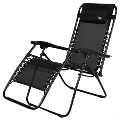 Imagen de AKTIVE Silla Plegable, Gravedad Cero, Negro, con cojín y reposapiés, Cómoda Resistente, Antivuelco, Acero textileno, Máximo 110 kg, Jardín, Camping, Tumbonas Plegables para Exterior (61142)