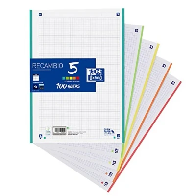 Imagen de Oxford, Hojas cuadriculadas A4 Recambio Oxford Classic Banda 5 colores, 100 Hojas, Cuadrícula 5x5