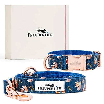 Imagen de FREUDENTIER® Collar y Correa para Perros en un Maravilloso Set Incluye Caja de Regalo Colección Let&#039;s Get Foxy Resistente al Invierno fácil Limpiar (37 58cm)