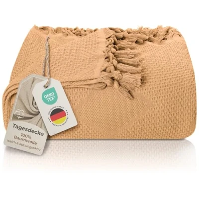 Imagen de LAYNENBURG Premium Manta sofá con Flecos anudados a Mano 100% algodón 150 x 220 cm Colcha de Verano Waffle Pique como Cama, para Sofa (Beige)
