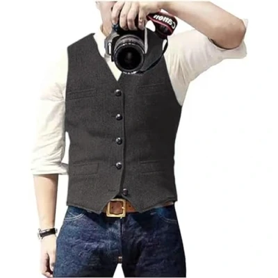 Imagen de Solovedress Traje de espiga lana casual para hombre, chaleco con cuello en V, tweed novios boda, gris, XS