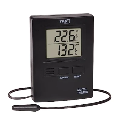 Imagen de TFA Dostmann Termómetro digital para interior y exterior, 30.1012.01, sensor de cable impermeable, valores máximos mínimos, temperatura exclusiva Amazon, 8,5 cm alto,