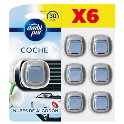 Imagen de Ambipur Car Ambientador Coche, Difusor (6 x 2ml), Elimina y Previene los Malos Olores, Fragancia Nubes Algodon Fresco, Mega Pack