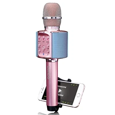 Imagen de Lenco BMC 090 Micrófono Karaoke Bluetooth V4.2 con soporte para smartphone 5 vatios RMS Efectos de luz LED Batería integrada 1200mAh Android y iOS Rosa