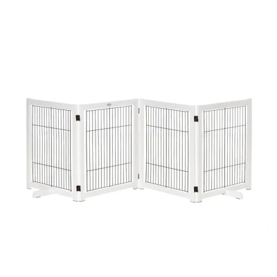 Imagen de PawHut Barrera de Seguridad Plegable para Perros Madera Rejilla Protección 4 Paneles Mascotas con Patas Puertas Escaleras Pasillos 264x35,5x77 cm Blanco