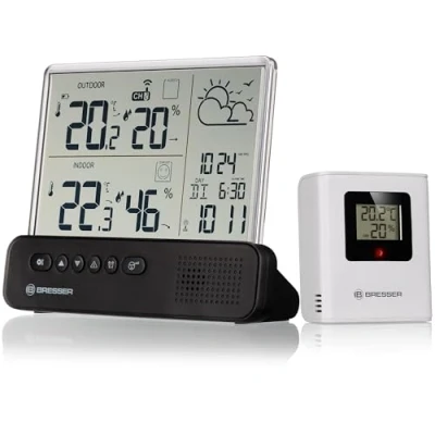 Imagen de Bresser Estación Meteorológica Inalámbrica Translucidus NV con Sensor Externo, Pantalla Transparente y Reloj de Radio DCF, Previsión del Tiempo, Medidor Temperatura Humedad, Despertador Integrado