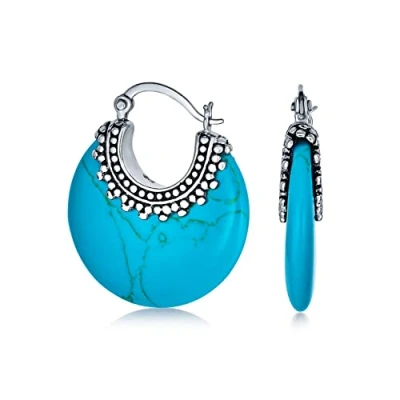 Imagen de Boho Estilo Occidental Tribal Azul Estabilizado Turquesa Ronda Media Luna Pendientesde Aro Para Las Mujeres Oxidado Milgrain Caviar Bead .925 Plata Esterlina