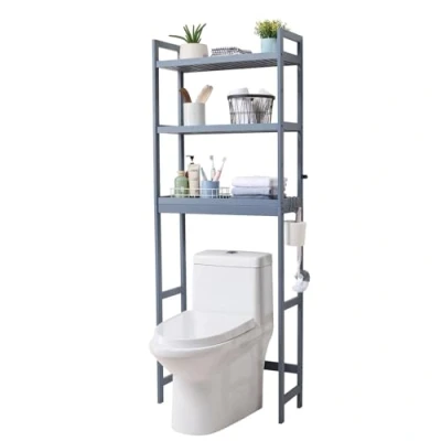 Imagen de VEVOR Estante para Inodoro Ajustable de 3 Niveles Almacenamiento sobre Estantería Madera Baño con Ganchos Mueble Adecuado la Mayoría los Inodoros, Lavadero, Gris