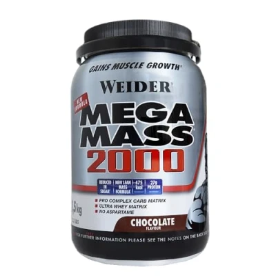 Imagen de Weider Mega Mass 2000 Sabor Chocolate (1500 g). 67% de hidratos y 16% proteínas. Enriquecido Con Vitaminas Minerales. menos azúcares