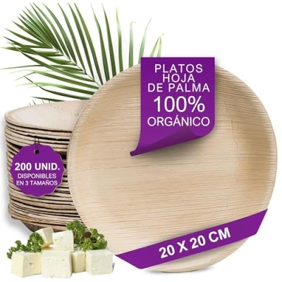 Imagen de Waipur Plato Hoja de Palma Orgánicos 200 Platos Desechable Redondos Ø 20 cm Vajilla Ecológica Lujo, Estable, Natural y Biodegradable Desechables Elegantes