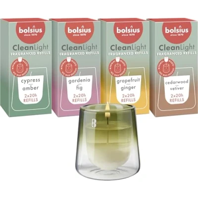 Imagen de Bolsius CleanLight Starterset Nachfüllbare Duftkerze Halter &amp; 9 Nachfüllungen mehrere Düfte Grün Brenndauer 20 Stunden Natürliches Pflanzenwachs Ohne Palmöl Nachhaltiges Konzept