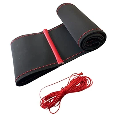 Imagen de LB104 Funda para Volante de 37 39 cm Cordones, Color Negro Alcantara con Costuras Rojas