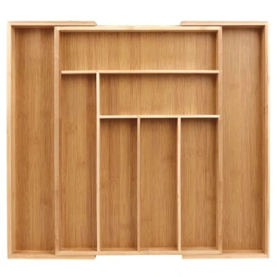 Imagen de Sosayet Bandeja de bambú, Extensible, con 6 a 8 compartimentos, organizador para cubiertos, utensilios cocina