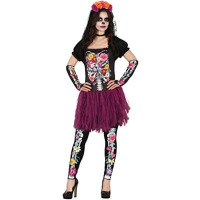 Imagen de FIESTAS GUIRCA Disfraz De Esqueleto con Flores Día Los Muertos Incluye Vestido, Manguitas y Leggings Halloween Mujer Talla 42 44 L