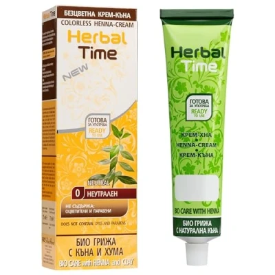 Imagen de Herbal Time Henna Natural Colorante en Crema con Arcilla Pelo Cubre Canas Tinte Coloración Temporal Sin Amónico, Sulfatos y Parabenos Color 0 75ml