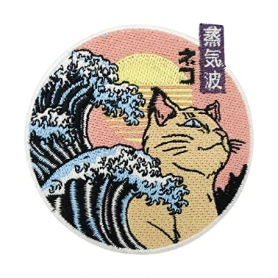 Imagen de Finally Home parche termoadhesivo con diseño de sol, ola y gato Patches gato, parches asiáticos, agua, Sun Japón