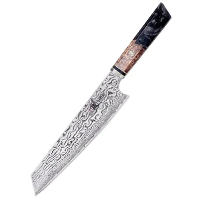Imagen de MITSUMOTO SAKARI Cuchillos Cocina Kiritsuke, Profesional de Damasco AUS 10 Premium, 22 cm Japoneses Forjado a Mano (Mango y Caja Madera Granada)