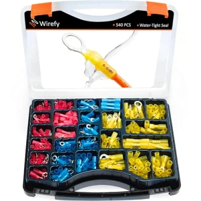Imagen de Wirefy Surtido de Conectores Electricos Termorretráctil con 540 Piezas Kit Terminales para Automoción Redondos, Horquilla, Gancho, Planos &amp; a Tope 0,5 6mm²