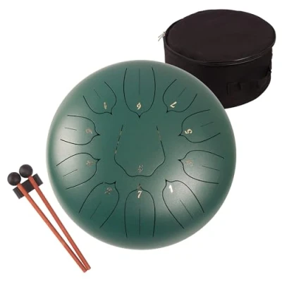 Imagen de LOMUTY 12 Pulgadas 30 CM Tambor de Lengua Acero 11 Notas Clave C Instrumento percusión Handpan Drum con Bolsa Tansporte, Partitura, Baquetas, Púas Dedo(Verde)