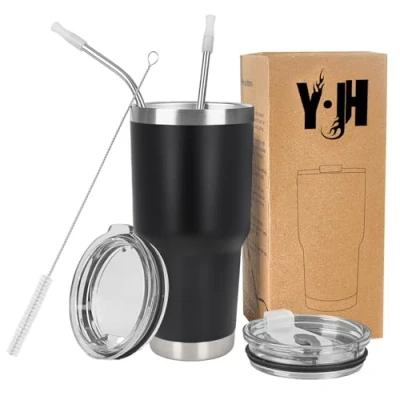 Imagen de Y·JH 30oz (850ml) Taza Termo Cafe Para Llevar Vaso Con Pajita Térmica de Acero Inoxidable Reusable 2 Tapas a Prueba Salpicaduras Pajitas Negro