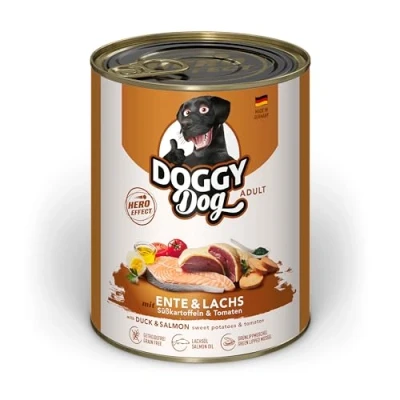 Imagen de DOGGY Dog Paté &amp; salmón 6 x 800 g Comida húmeda para Perros sin Cereales con Aceite de y mejillón Labios Verdes, pienso Completo Batata Tomate, Fabricado en Alemania