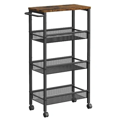 Imagen de VASAGLE Carro de 4 Niveles, Estrecho Cocina con Ruedas, Asa, para Espacio Reducido, 22 x 45,4 77 cm, Cocina, Baño, Salón, Estudio, Marrón Rústico y Negro LRC033B01