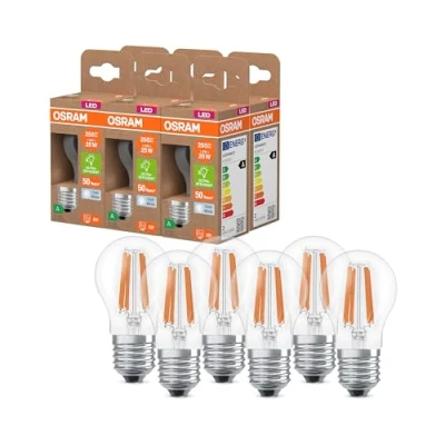 Imagen de OSRAM Lámpara LED forma clásica de mini bola, con filamento decorativo, clase eficiencia energética A, E27, 1,2 W, 255 lm, 4000 K, blanco frío. Sin calentamiento, paquete 6