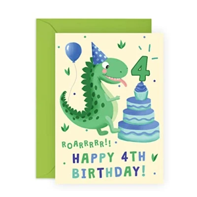 Imagen de CENTRAL 23 tarjeta de cumpleaños 4 para niño, dinosaurio, cuarto cumpleaños, nieto, hito, viene con divertidas pegatinas, fabricada en Reino Unido