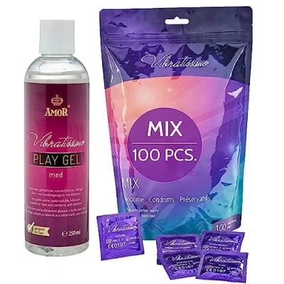 Imagen de VIBRATISSIMO condones Mix paquete de 100 mixto y lubricante 250ml I sensitivos extra húmedos finos con textura estirada acanalado