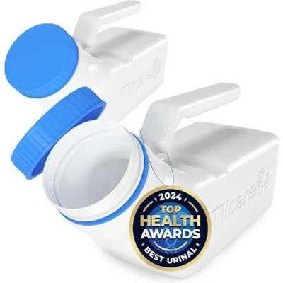 Imagen de Orinales para hombres con tapa que brilla en la oscuridad Tilcare Botella plástica gruesa de 32 onzas/1000 ml a rosca Orinal prueba derrames (2 Pack)