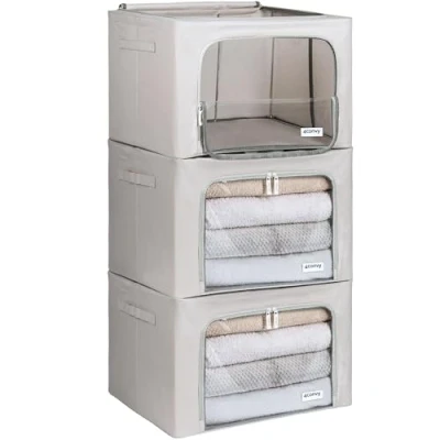 Imagen de 4CONVY Cajas de Almacenaje Ropa para Armario con Cremallera, Marco Metal [2024 MATERIAL MEJORADO] Estable Bolsa Guardar Ropa, Mantas Apilables 3x66L