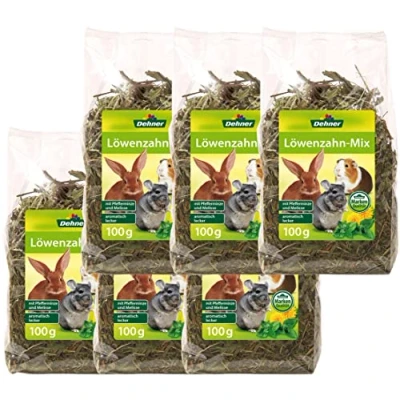 Imagen de Dehner Bocadillo para roedores 100% Natural Conejos, roedores, Dientes de león con heno, Menta, Melisa, 6 x 100 g (600 g)