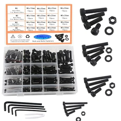 Imagen de HVDHYY M3 M4 M5 M6 Tornillos Juego de Surtido Pernos Negros Arandelas Acero Al Carbono Tuercas Cabeza Hueca Hexagonal con Caja Almacenamiento 4 Llaves Inglesas 500pcs