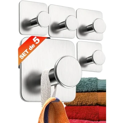 Imagen de 4smile Ganchos adhesivos para pared set de 5, acero inox colgador toalla baño sin taladro, colgadores resistentes, perchas adhesivas fuertes