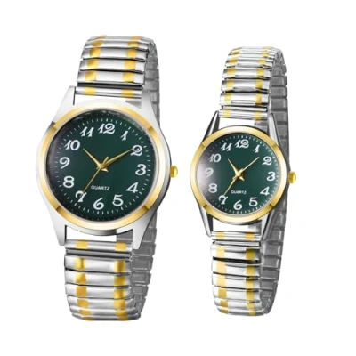 Imagen de JewelryWe Par de relojes analógicos cuarzo para parejas amistad reloj pulsera elástico metal ultrafino con manecillas luminosas, regalo hombre y mujer, plata, Dorado/Plateado