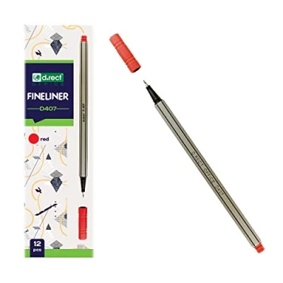 Imagen de D.RECT D407 Fineliner Rotulador de punta fina adecuado para el uso diario, escritura y material escolar, muy fino, ancho línea aprox. 0,4 mm, 12 unidades, color rojo