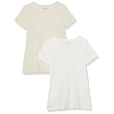 Imagen de Amazon Essentials Camiseta de Manga Corta con Cuello en Pico y Corte Recto Mujer, Pack 2, Avena Mezcla/Blanco, XL