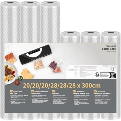 Imagen de Bolsas Vacio Alimentos, Vihoom 6 Rollos de 28 x 300 cm y 20 Alimentospara Conservación Alimentos Sous Vide Cocina &amp; Boilable, Envasadora al