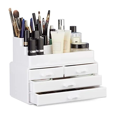 Imagen de Relaxdays Organizador Maquillaje con 4 cajones, Fibra acrílica, Blanco, 19 x 23,5 14 cm, 14x23.5x19 cm