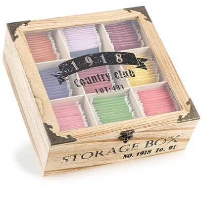 Imagen de com four® Caja de Almacenamiento bolsitas té rústicas con 9 Compartimentos, Ventana y Cierre en Estilo campestre Shabby Chic (rústico 1918 Compartimentos)