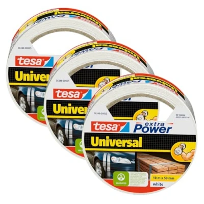 Imagen de tesa Extra Power Universal Cinta adhesiva americana reforzada para reparar, fijar, agrupar, reforzar o sellar, paquete de 3, 10 m x 50 mm, color blanco