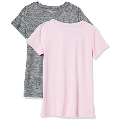 Imagen de Amazon Essentials Camiseta técnica elástica de Manga Corta y Cuello Redondo (Disponible en Tallas Grandes) Mujer, Pack 2, Gris Teñido Multicolor/Rosa Claro, L